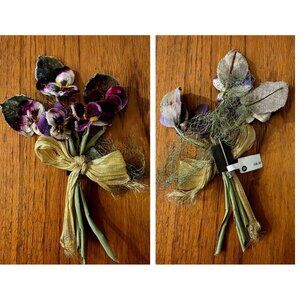 VINTAGE MILLINERY VELVET PANSIES FLOWER, LEAVES, NETTING, RIBBON, PIN
